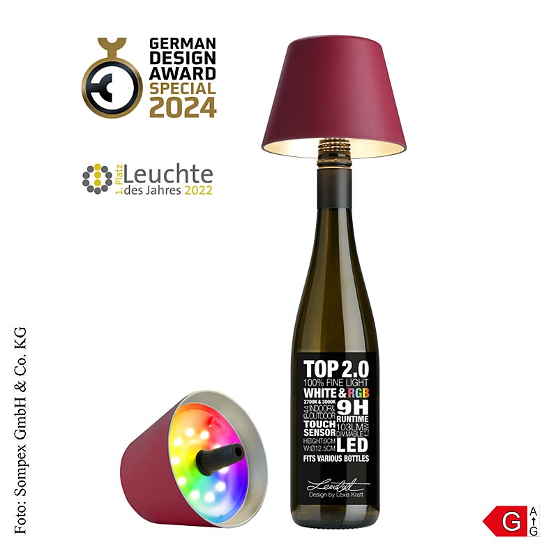 Tischleuchte TOP20 in bordeaux 72524, 11x12,5cm, aus Kunststoff, für Flaschen, mit wiederaufladbarer Batterie - praktische und stimmungsvolle Beleuchtungslösung für Tisch, Küche oder als dekoratives Detail