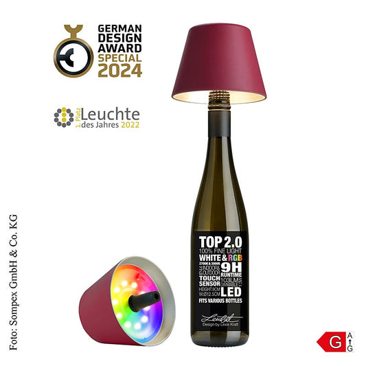 Lampada da tavolo "TOP2.0", per bottiglie, con batteria ricaricabile, 11x12,5 cm, materiale sintetico, bordeaux 72524
