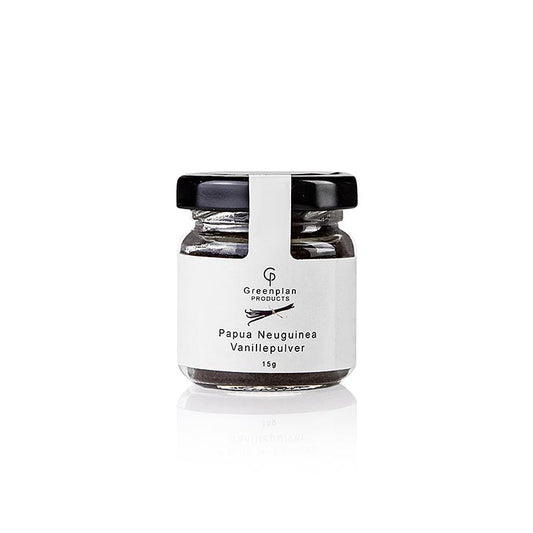 15 g Vanillepulver (gemahlene Vanille) aus Papua Neuguinea, Greenplan - ideal für Desserts, Backwaren und Getränke, nachhaltig und fair gehandelt
