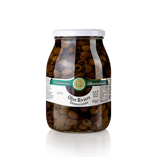 Genießen Sie den köstlichen Geschmack der Venturino Denocciolate Riviera-Oliven in Olivenöl, kernlos, 950 g - ideal für Vorspeisen und Lieblingsgerichte!