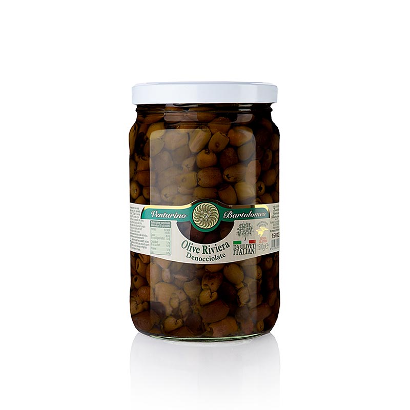 Venturino Denocciolate Riviera Oliven in Olivenöl, ohne Kern, 1,5 kg - Premium-Oliven perfekt für Salate, Pizzen und als Snack, verpackt in 1,5-kg-Glas, konserviert in reinem Olivenöl