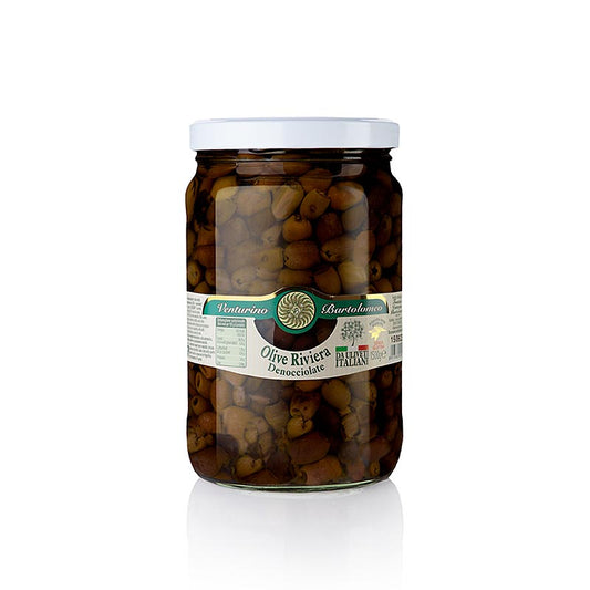 Venturino Denocciolate Riviera Oliven in Olivenöl, ohne Kern, 1,5 kg - Premium-Oliven perfekt für Salate, Pizzen und als Snack, verpackt in 1,5-kg-Glas, konserviert in reinem Olivenöl