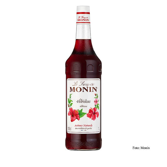 Monin Hibiskus Sirup 1:8, 1 l - Exotischer Sirup mit blumigem Geschmack und roter Farbe, hergestellt aus sorgfältig ausgewählten Hibiskusblüten, ideal für Cocktails, Mocktails und Desserts