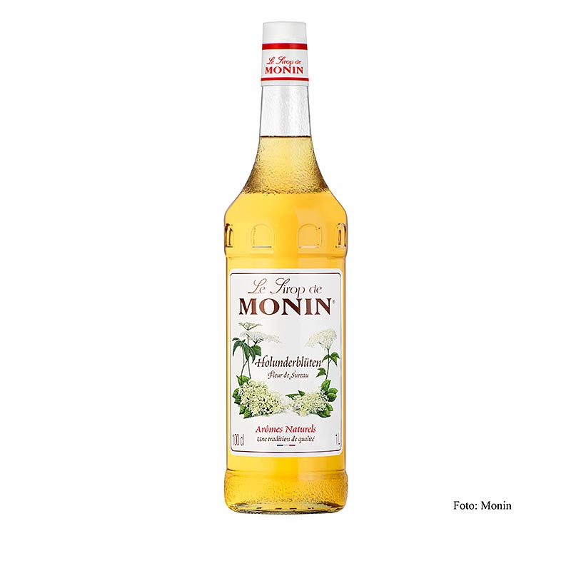 Bild einer 1-Liter-Flasche Monin Holunderblütensirup 1:8, perfekt für köstliche Getränke und Desserts geeignet, um Ihren Kreationen eine einzigartige blumige Note zu verleihen