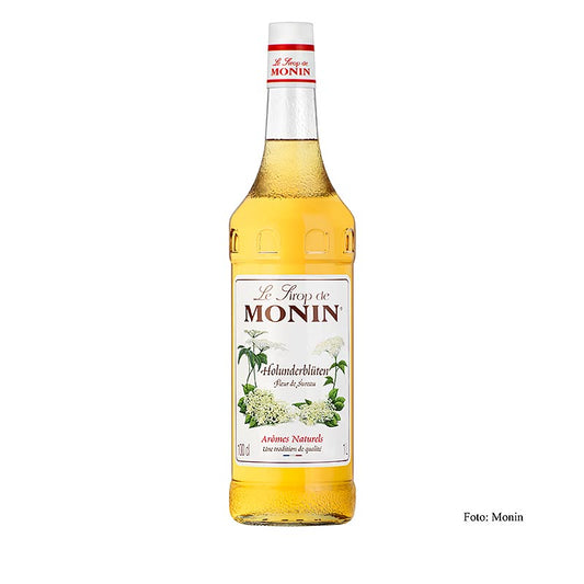 Bild einer 1-Liter-Flasche Monin Holunderblütensirup 1:8, perfekt für köstliche Getränke und Desserts geeignet, um Ihren Kreationen eine einzigartige blumige Note zu verleihen
