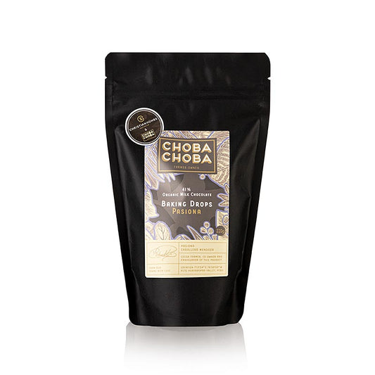 Alt text: Pasiona 41% Milch Couverture Baking Drops Choba Choba BIO 220 g product illustration