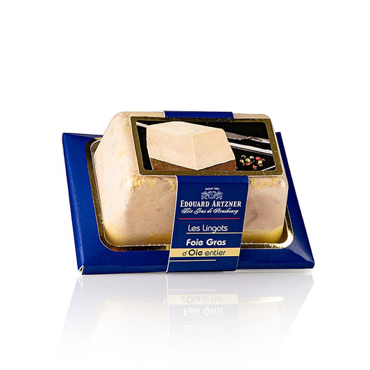 Gänsestopfleberblock, Foie Gras, mit Stücken, Trapezschale, Feyel, 180 g - Verwöhnen Sie Ihre Gäste mit der reichhaltigen, cremigen Textur und dem unvergleichlichen Geschmack dieser erstklassigen Gänsestopfleber in einer eleganten trapezförmigen Schale