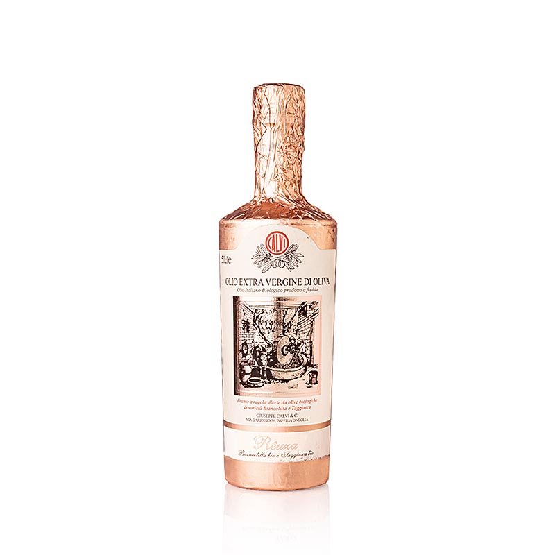 Natives Olivenöl Extra Calvi Rêuza aus Ligurien in roségoldfarbener 500-ml-Flasche Ideal für Hobbyköche und Liebhaber italienischer Aromen