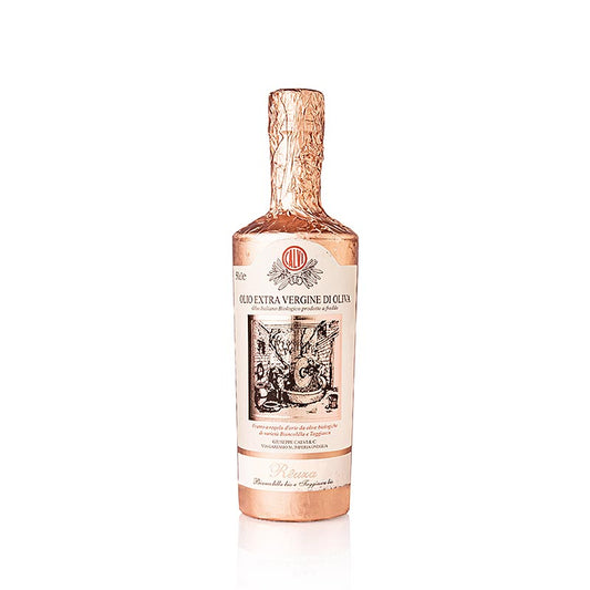 Natives Olivenöl Extra Calvi Rêuza aus Ligurien in roségoldfarbener 500-ml-Flasche Ideal für Hobbyköche und Liebhaber italienischer Aromen