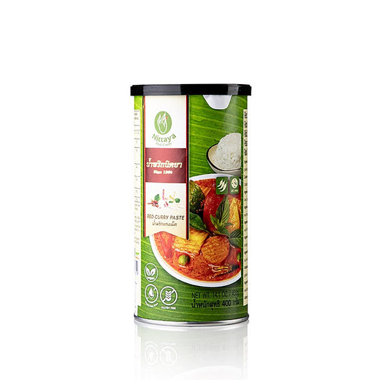 Rote, vegane Currypaste von Nittaya, 400 g, mit roten Chilis, Knoblauch und Zitronengras, perfekt für authentische thailändische Currys, Suppen und Pfannengerichte