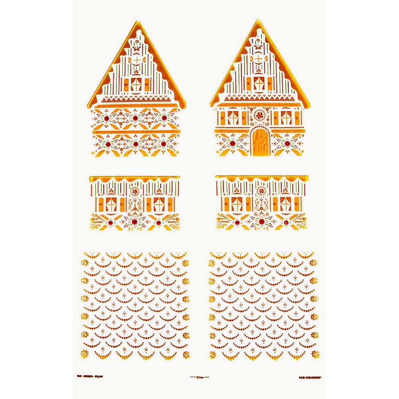 Alt text: Abziehfolie Lebkuchenhaus für Schokolade, Einzelteile, 11x11,5x15,5cm, PCB, 4 St - decorative chocolate mold for creating gingerbread house pieces