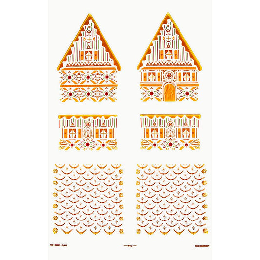 Alt text: Abziehfolie Lebkuchenhaus für Schokolade, Einzelteile, 11x11,5x15,5cm, PCB, 4 St - decorative chocolate mold for creating gingerbread house pieces