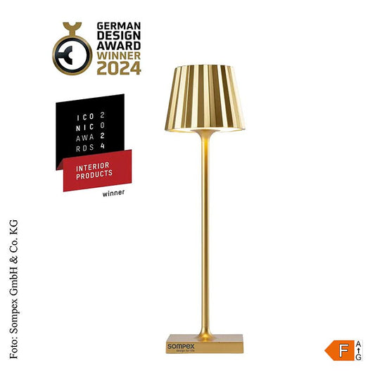 Moderne goldene Outdoor-Tischleuchte TROLL NANO mit Akku, 21x6cm, aus Aluminium (78587) (in German)