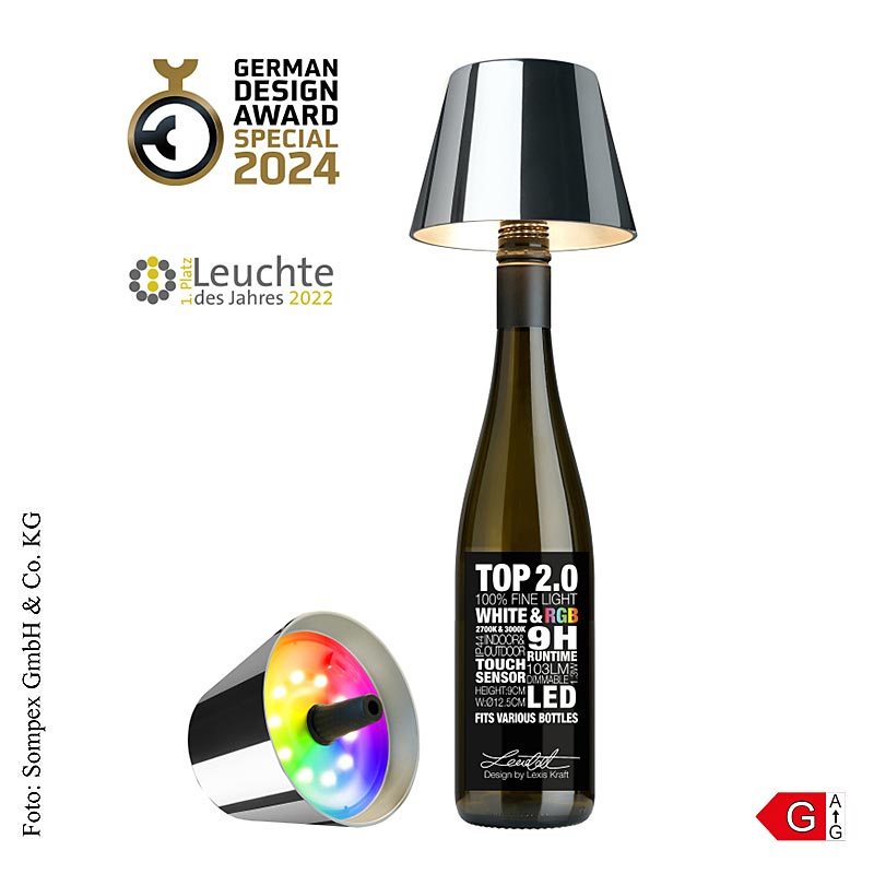 Tischleuchte TOP20 für Flaschen, mit Akku, 11x12,5cm, Kunststoff, verchromt - stilvolle Lampe für den Esstisch, verwandelt Flaschen in einzigartige Lichtquelle, kabelloser Betrieb