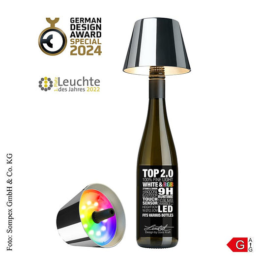 Tischleuchte TOP20 für Flaschen, mit Akku, 11x12,5cm, Kunststoff, verchromt - stilvolle Lampe für den Esstisch, verwandelt Flaschen in einzigartige Lichtquelle, kabelloser Betrieb