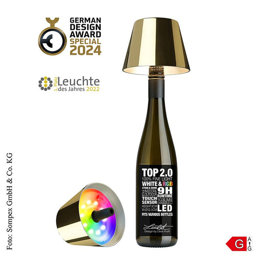 Tischlampe TOP20 für Flaschen, goldene Kunststofflampe mit Akku, 11x12,5 cm (72551)