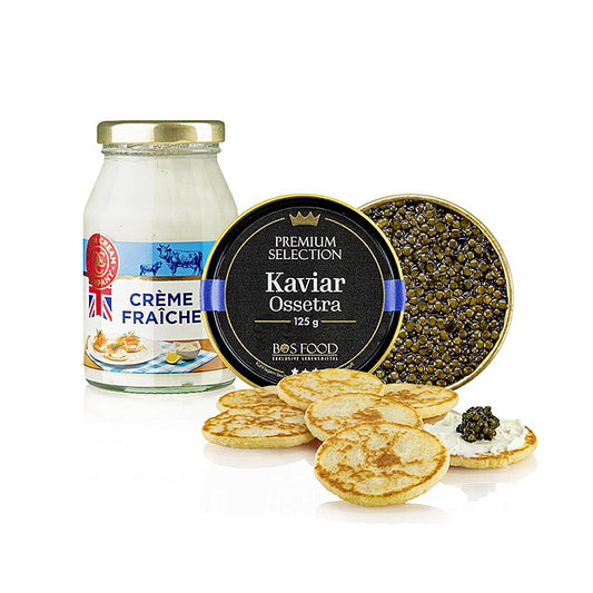 Coffret « Bos Kaviar-Knüller » (125 g de caviar Ossetra, 16 blinis, 170 g de crème fraîche), 652 g, 3 pièces.