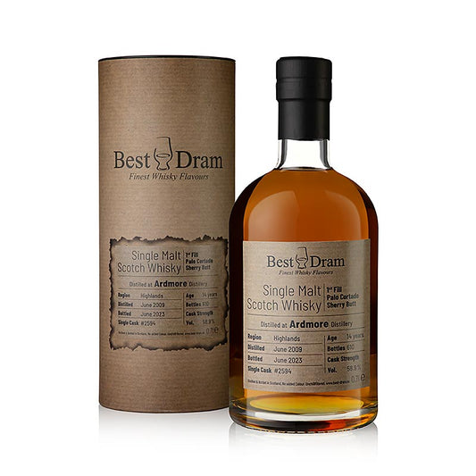 Flasche Single Malt Whisky Ardmore 14 J Best Dram Palo Cortado, 58,9 % vol, Highland, 700 ml, mit goldener Flüssigkeit in einem Etikett mit schwarzem Hintergrund und goldenem Schriftzug