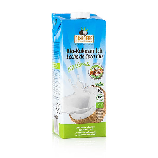 Dr Goerg 100% Kokosmilch, BIO, 1 l - Hochwertige, vielseitige und cremige Kokosnussmilch ohne Zusatzstoffe, ideal für asiatische Küche und Veganer, hergestellt unter strengen ökologischen Richtlinien, 1 Liter Fassungsvermögen