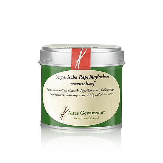 Paprikaflocken, rosenscharf, Ungarn, Altes Gewürzamt, 70 g - Hochwertige ungarische Paprikaflocken mit intensivem, rosenscharfem Geschmack, ideal zum Würzen von Fleisch, Eintöpfen und Saucen, in einer 70 g Packung für langanhaltenden Genuss