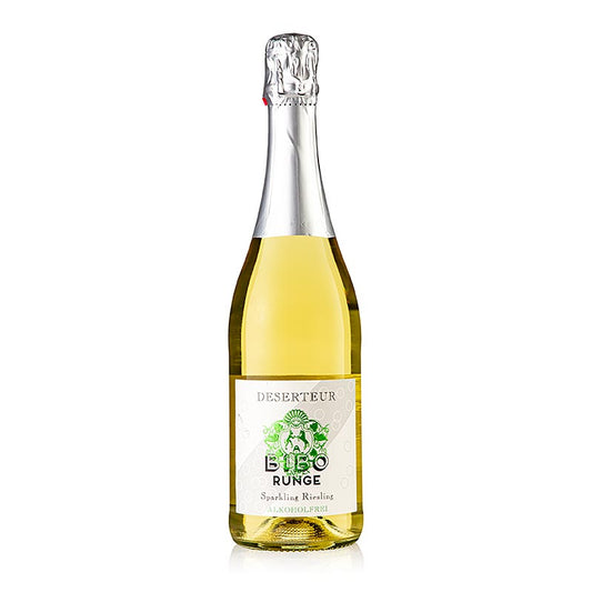 Bild eines köstlichen Bibo Runge Deserteur Riesling Sekts, alkoholfrei und VEGAN, hergestellt aus hochwertigen Riesling-Trauben, ideal für festliche Anlässe oder zum Genuss zu jeder Zeit, 750ml Flascheninhalt