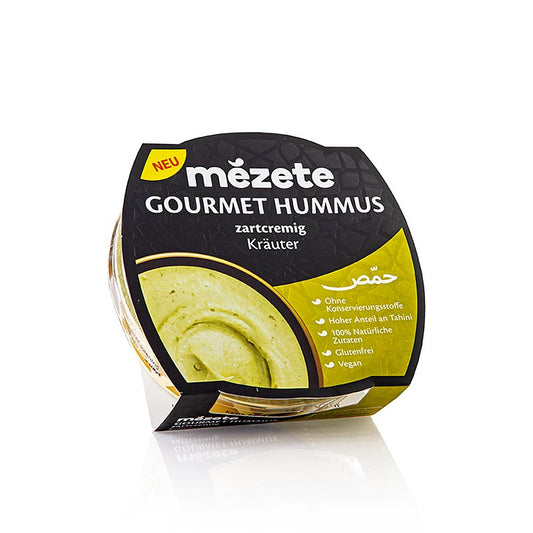 Gourmet Hummus mit Kräutern, Kichererbsenpüree, Mézete, 215 g - Perfekter, haptisch überzeugender Hummus, der auch ungekühlt gelagert werden kann Ideal als Dip, Basis oder pur zu genießen