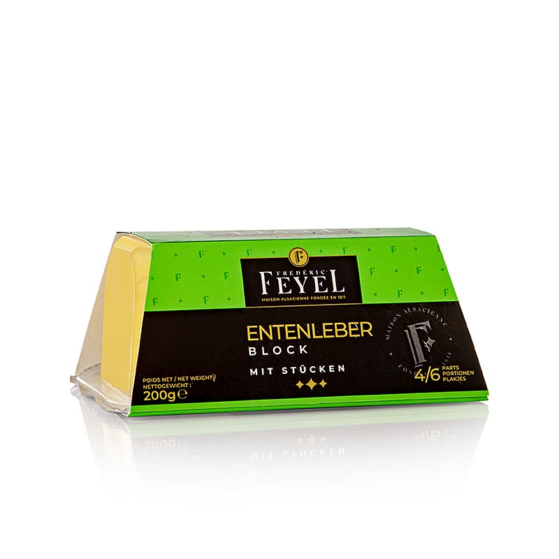 Köstlicher Entenstopfleberblock von Feyel mit cremiger Textur und reichem Geschmack, verpackt in praktischer Trapezschale, ideal für besondere Anlässe