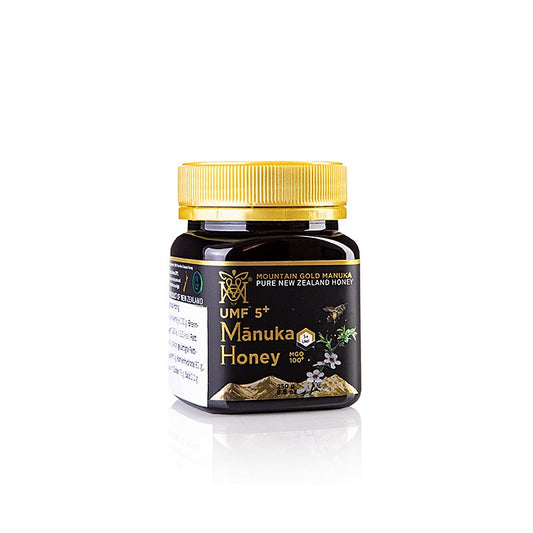 Manukahonig UMF 5+ zertifiziert, MGM, 250 g - Ein Premium-Honig aus Neuseeland mit einem garantierten Mindestgehalt an Methylglyoxal (MGO) von 83 mg/kg, bekannt für seinen reichhaltigen, süßen Geschmack und seine cremige Konsistenz Ideal als natürlicher Süßstoff, auf Toast oder im Tee, und für seine antibakteriellen Eigenschaften zur Unterstützung des allgemeinen Wohlbefindens