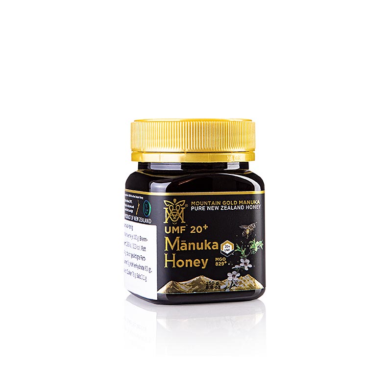 Manukahonig UMF 20+ zertifiziert, MGM, 250 g - Premium-Honig aus Neuseeland mit garantiertem Methylglyoxal-Gehalt von 829 mg/kg, hergestellt von Bienen, die Nektar von Manuka-Bäumen sammeln, bekannt für antibakterielle und entzündungshemmende Eigenschaften Enthält Antioxidantien, Aminosäuren und Mineralien, ideal als Süßungsmittel, auf Brot oder im Tee