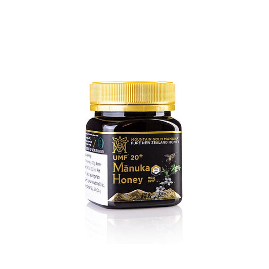 Manukahonig UMF 20+ zertifiziert, MGM, 250 g - Premium-Honig aus Neuseeland mit garantiertem Methylglyoxal-Gehalt von 829 mg/kg, hergestellt von Bienen, die Nektar von Manuka-Bäumen sammeln, bekannt für antibakterielle und entzündungshemmende Eigenschaften Enthält Antioxidantien, Aminosäuren und Mineralien, ideal als Süßungsmittel, auf Brot oder im Tee