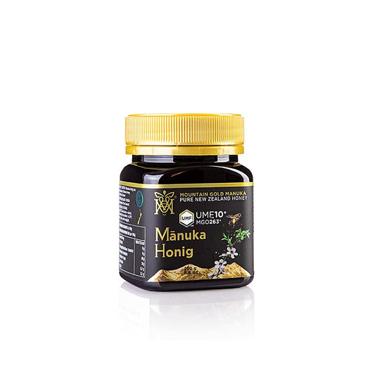 Manukahonig UMF zertifiziert, 10+, 250g, MGM Neuseeland, 250 g - Premium-Honig aus Neuseeland mit reichem, komplexem Geschmack und antibakteriellen Eigenschaften, ideal zum Verfeinern von Gerichten oder pur genießen Entdecken Sie die außergewöhnliche Qualität des MGM Manuka-Honigs!