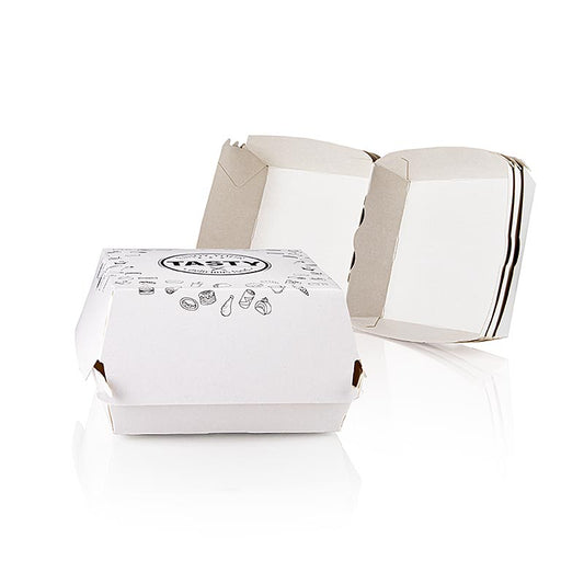 Take Away Einweg Burger-Box M, 115x115x70mm, 3x100 Stück, Pappe, Tasty, 300 St - Umweltfreundliche Burger-Boxen aus robustem Material für den sicheren Transport von leckeren Burgern beim Take-Away-Service