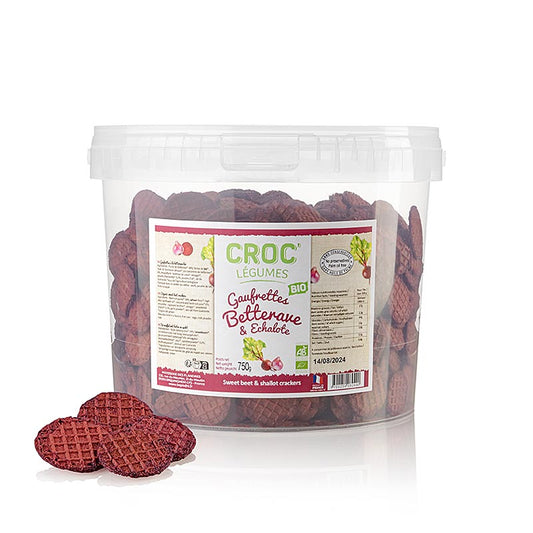 German:
Bio Mini-Waffeln mit Rote Bete & Schalotten, perfekt als Barsnack