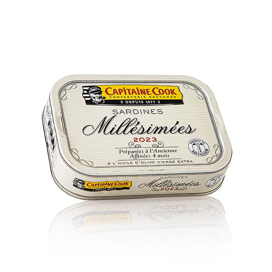 Jahrgangs-Ölsardinen in Olivenöl, 115 g, Capitaine Cook, Frankreich, delikat und saftig, 6 Jahre Haltbarkeit, mild im Geschmack, Fleur de Sel, limitierte Produktion
