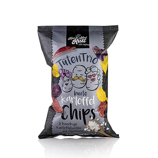 Kartoffelkult - Kartoffelchips aus bunten Kartoffeln mit Meersalz, 90 g: Ein Bild von Kartoffelchips in verschiedenen Farben, hergestellt aus bunten Kartoffeln und verfeinert mit Meersalz