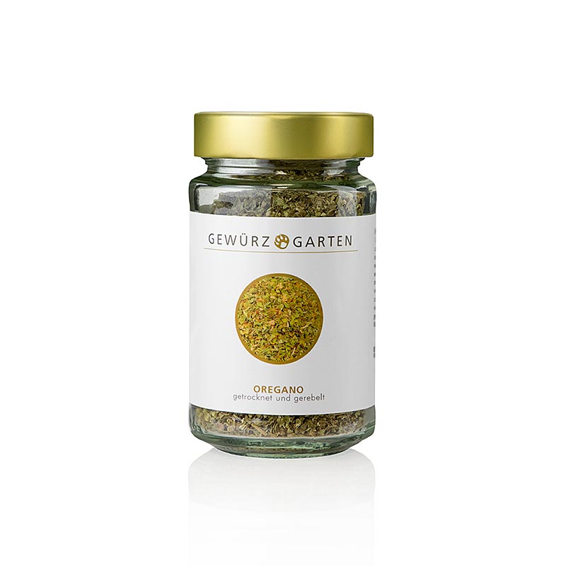 Getrockneter, gerebelter Oregano in einem luftdichten Behälter, perfekt für mediterrane Gerichte