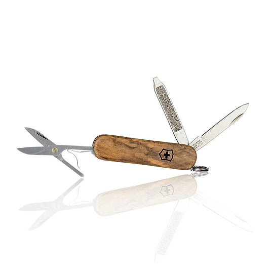Swiss Army Knife Classic SD Wood von Victorinox, mit 7 Funktionen, kompakt und leicht, Griff aus Walnussholz, stilvoll und zeitlos, unverzichtbares Accessoire für Outdoor-Enthusiasten, Reisende und Bastler