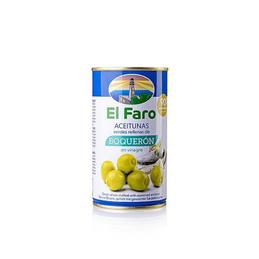 Grüne Oliven mit Anchovis Boqueron in Essig von El Faro, 350 g - Perfekt für Liebhaber von intensiven, authentischen Aromen