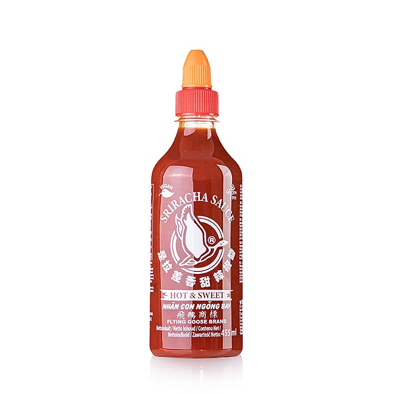 Sriracha Chili-Sauce, süß-scharf, Flying Goose, 455 ml - Würzige Sriracha-Chili-Sauce mit perfekter Balance zwischen Süße und Schärfe, ideal für Nudeln, Pizza und Grillfleisch, in der Schweiz erhältlich