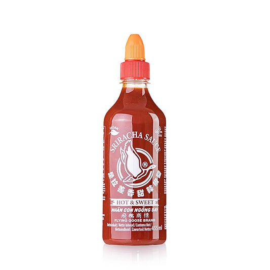 Sriracha Chili-Sauce, süß-scharf, Flying Goose, 455 ml - Würzige Sriracha-Chili-Sauce mit perfekter Balance zwischen Süße und Schärfe, ideal für Nudeln, Pizza und Grillfleisch, in der Schweiz erhältlich