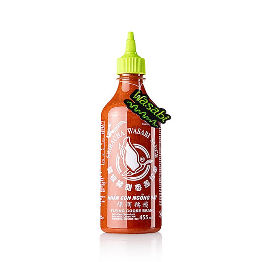 Sriracha Chili-Sauce mit Wasabi von Flying Goose, 455 ml Flasche, ideal für Sushi, Burger und als Dip, kombiniert die Schärfe von Sriracha mit der Würze von Wasabi, vielseitig einsetzbar und langanhaltender Genuss