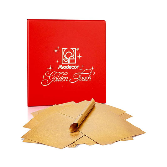 Goldener Touch Folie, 8x8cm, Modecor (Blattgoldersatz), 45 Blatt - Luxuriöser goldener Glanz für Torten, Gebäck und Desserts, einfach anzuwenden und beeindruckend in der Wirkung