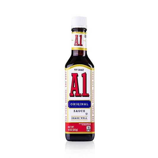 Bild einer 245 ml Flasche A1 Steak Sauce, perfekt für Steaks und gegrilltes Fleisch