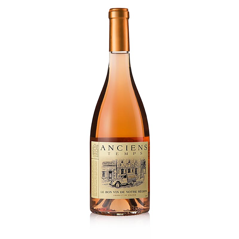 A bottle of Anciens Temps 2023 Rosé trocken Roséwein IGP Languedoc Frankreich 0,75 l, 750 ml, a dry rosé wine from France with a 750 ml capacity