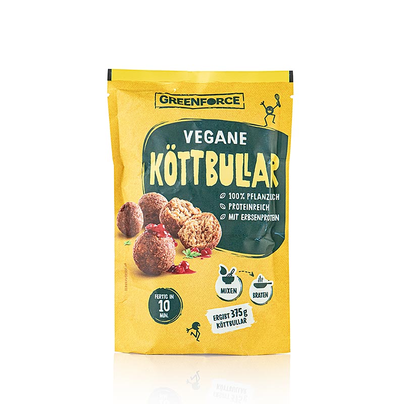 Bild einer Packung Greenforce Mix für vegane Köttbullar, aus Erbsenprotein, 125 g, einer gebrauchsfertigen Mischung für köstliche vegane Fleischbällchen, nachhaltige und proteinreiche Alternative zu herkömmlichen Frikadellen