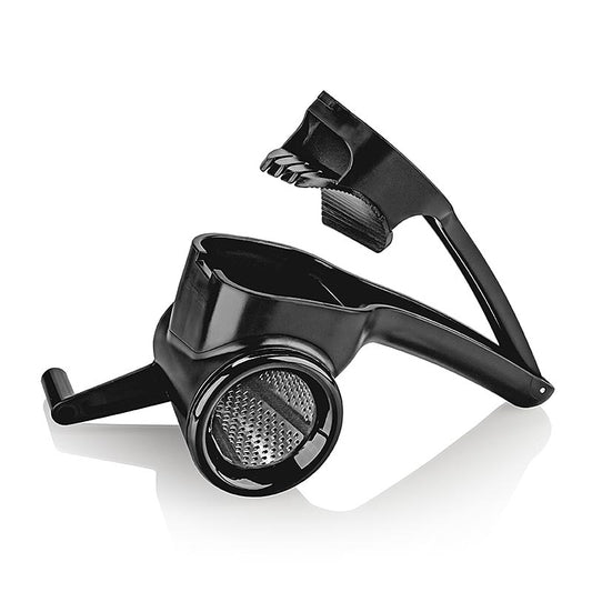 Schwarze Kurbelkäsereibe von Microplane mit rotierendem System zum mühelosen Reiben von Hartkäse, Nüssen und Schokolade, ergonomischem Design, leicht zu reinigen und spülmaschinenfest, ideal für jede Küche, erhältlich in der Schweiz