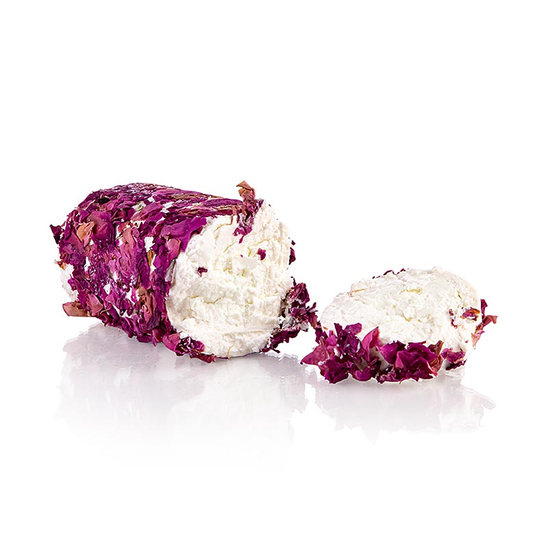 La Buchette mit roten Rosenblüten, Käsezubereitung aus Ziegenmilch, 100 g - Ziegenkäse mit cremiger Textur und subtilen, blumigen Aromen von roten Rosenblüten, ideal als Teil einer Käseplatte, auf Toast oder in Salaten