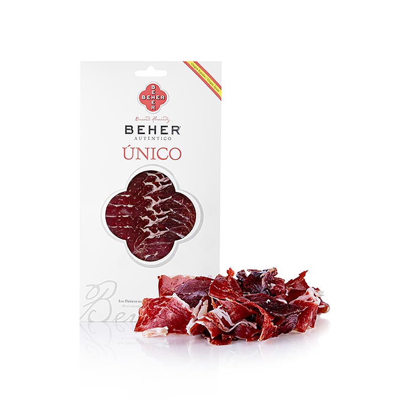 Fein geschnittener 100 g Jamon Iberico Cebo de Campo von Beher, perfekt für Tapas und Antipasti Kaufen Sie diese Delikatesse in der Schweiz