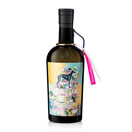 Flasche Windspiel Juliane Golbs Pistaccio Dry Gin aus der Eifel, 37,5 % vol, 500 ml, mit einem grün-goldenen Etikett und einem Schraubverschluss