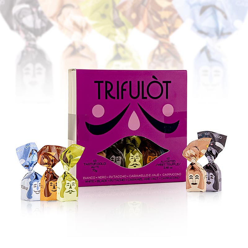 Schokoladentrüffelpralinen von Tartuflanghe in 5 Sorten: dunkle Schokolade, weiße Schokolade, Pistazie, Karamell & Salz und Cappuccino, 10 Stück, 70g